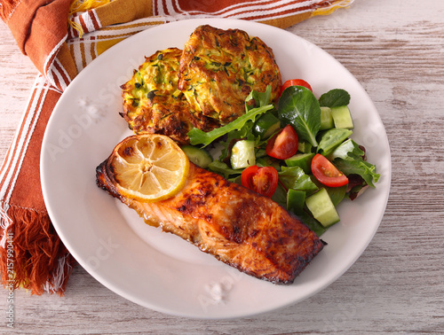 Air fried salmon, with salad