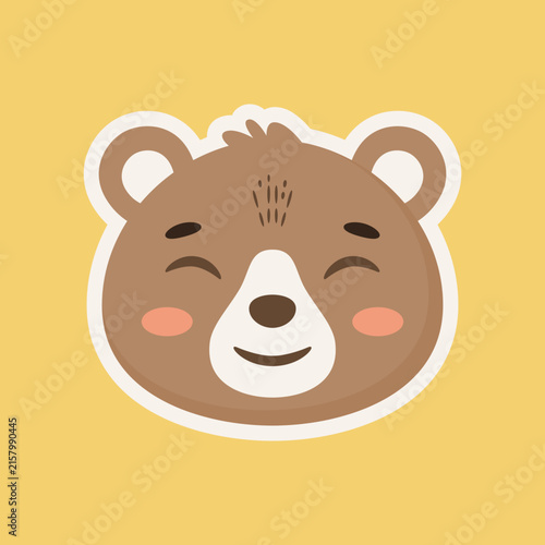 Cute happy brown bear face cartoon sticker on yellow background