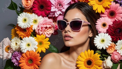 Woman wearing sunglasses surrounded by flowers, luxury fashion concept,