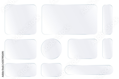 Glass liquid ui button set with transparent 3d effect - rectangle frame box elements in various sizes and proportions, glossy morphism style borders for modern interface design on light background.