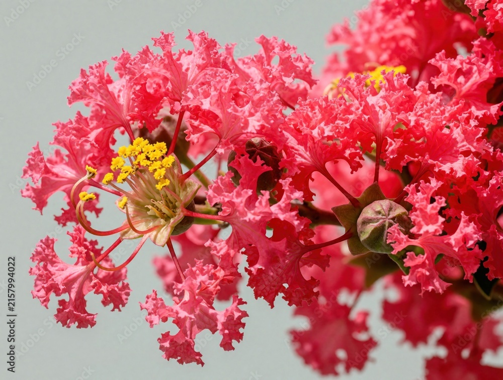 Fototapeta premium Pink crepe flowers with ruffled petals bloom on a branch against a soft grey background. Yellow stamens contrast with delicate red stems, showing detailed floral structure up close.