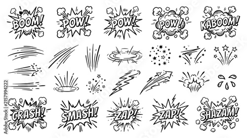 A hand drawn comic book sound effects and explosion collection with diverse dynamic action elements and lettering expressions for fun creative projects and storytelling designs