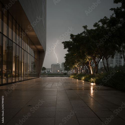 Lightning strikes over a modern city architecture building and paved courtyard during a night storm