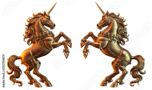 Foto Heraldic unicorns in symmetrical composition, ornate golden medieval fantasy emblem isolated