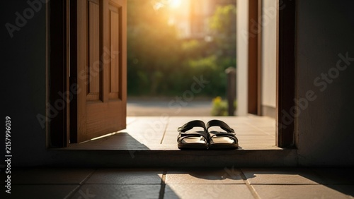A Pair of Sandals Left at the Open Doorway During Golden Hour