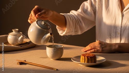 Person Pouring Traditional Chinese Tea with Mooncake on Table