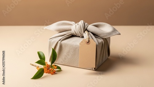 Minimalist Gift Box Wrapped In Natural Linen Fabric With Blank Tag And Orange Flowers
