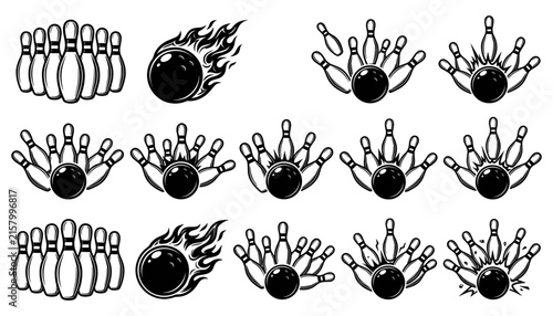 Bowling strike collection with flaming balls crashing into pins black silhouette badges isolated vector set