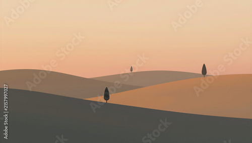 Serene landscape with rolling hills and trees at sunset  
