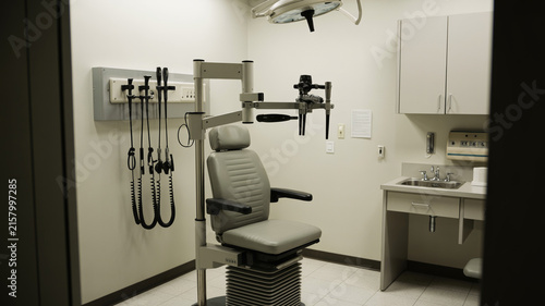 Realistic Ent Clinic Examination Room With Chair, Wall Instruments, And Sterile Surfaces, No People.