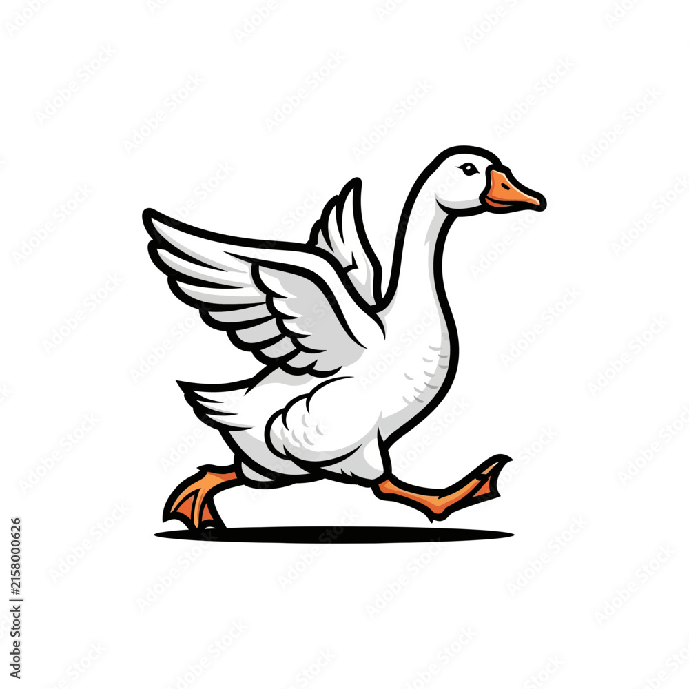 Fototapeta premium Dynamic cartoon illustration of a white goose running with outstretched wings, depicting speed and motion in a playful, vector-style design.