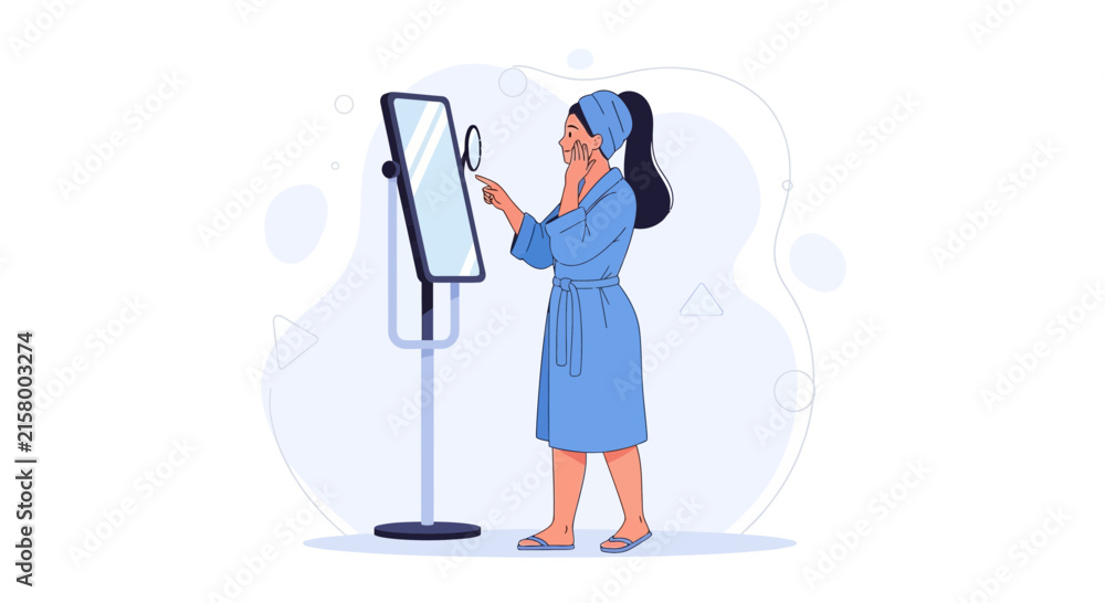 Fototapeta premium Woman applying skincare in front of a mirror, morning routine, self-care, beauty, flat design illustration