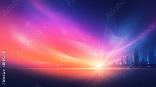 A sunrise over a distant city skyline, with vibrant pink, orange, and blue light rays ad social media download thambnail poster web template event festival 2026 2027 2028