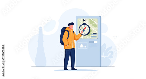 Traveler with Backpack Holding Compass Near Map Kiosk, Illustrating Navigation and Exploration