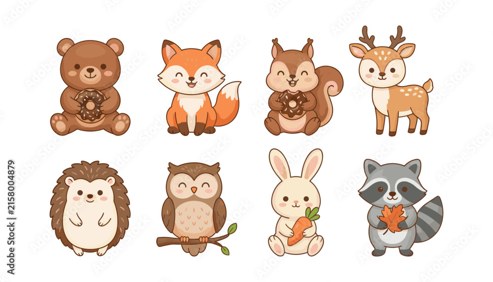 Obraz premium Cute Woodland Animals Vector Set with Kawaii Autumn Forest Creatures Holding Food and Leaves for Kids Graphics Stickers and Patterns