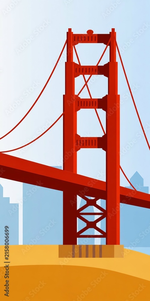 Fototapeta premium Close-up view of iconic red suspension bridge tower with cables