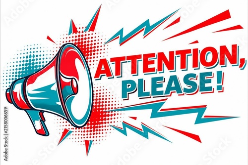 Attention alert megaphone with bold explosion effect and text