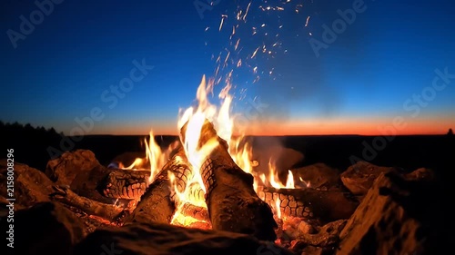 Campfire burning at dusk with glowing embers and sparks flying against a vibrant twilight sky