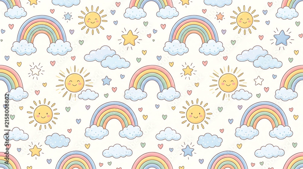 Fototapeta premium Whimsical seamless pattern with cute pastel rainbows, happy suns, fluffy clouds, and twinkling stars