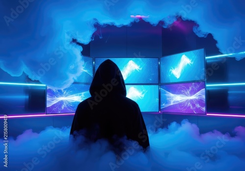 Thick azure vapor clouds surround a dark hooded silhouette and luminous computer screens in a futuristic setting filled with digital light, binary, luminescence, azure