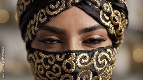 Close-up of a woman's eyes and face covered by an intricately embroidered black and gold fabric