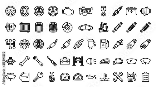 Automotive Car Parts and Auto Repair Service Vector Line Icon Set Featuring Engine Piston Steering Wheel Tires Brake Discs Shock Absorbers and Garage Mechanic Tools