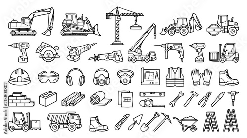 Comprehensive Construction Industry Vector Icon Set Featuring Heavy Machinery power Tools Safety Equipment Building Materials and Engineering Supplies Line Art