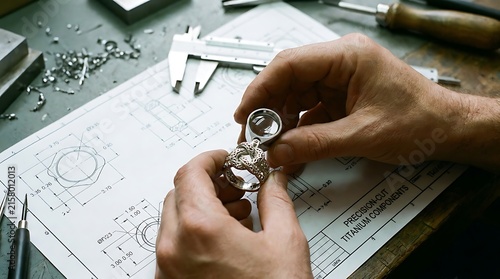 Jeweler inspecting a diamond ring with a loupe over technical engineering blueprints