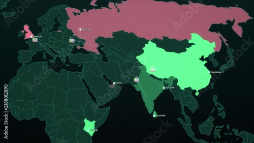 Tea Export Routes on Dark Map, India Sri Lanka Kenya China to UK Russia Animated Motion Graphics Seamless Loop, 4K