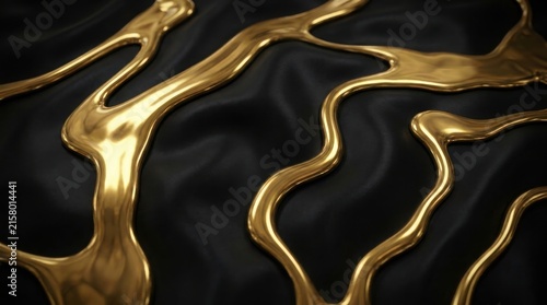 Multiple intricate streams of molten gold flowing over a dark, textured, rippling black surface.