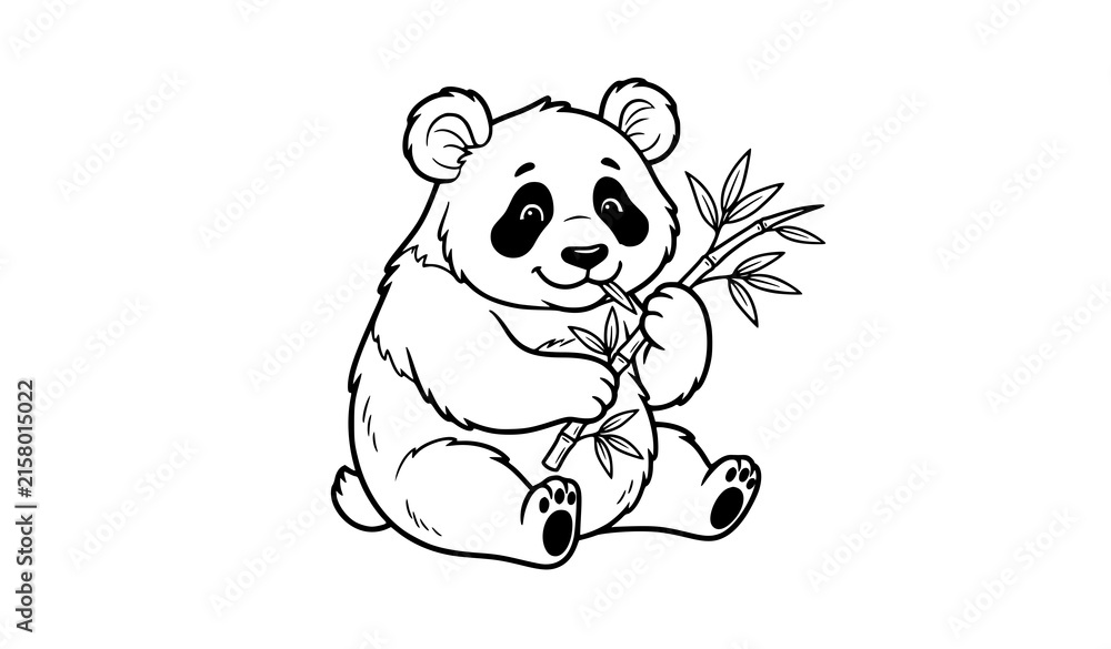Fototapeta premium Cute Giant Panda with Bamboo Black and White Vector Illustration