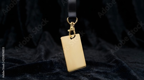Blank gold metal tag hanging from a black lanyard with a golden clasp, set against a rich, dark velvet fabric background, showcasing a premium, luxurious, and elegant design for copy space.