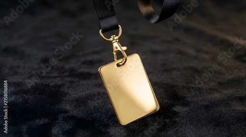 Blank shiny golden metallic identification badge or VIP tag hanging from a black fabric lanyard with a golden clasp against a dark textured background, offering space for custom text or logo