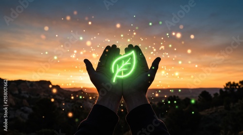 Hands cupped holding glowing neon green leaf symbol against sunset sky background, representing renewable energy and environmental conservation