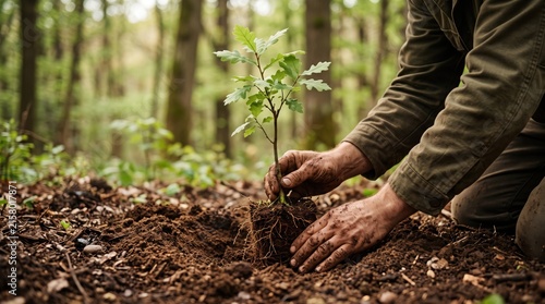 Close up of hands planting young oak seedling tree into forest soil, reforestation and environmental conservation, sustainable ecology and nature restoration project activity
