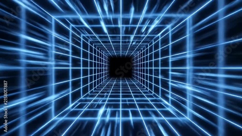 Endless Neon Grid Tunnel with Blue Light Rays Moving Towards Dark Abstract Future Background