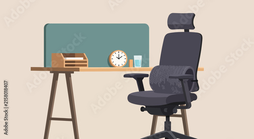 Modern office workspace interior with ergonomic chair and wooden desk illustration