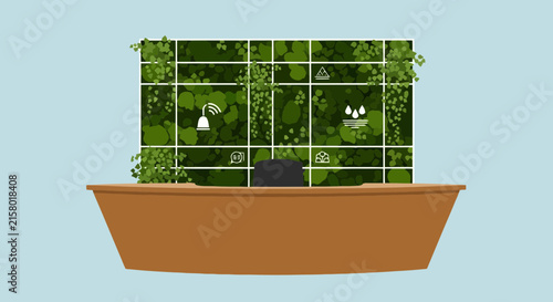 Modern office reception desk with vertical green plant wall background
