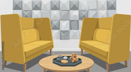 Modern waiting area with yellow armchairs and wooden coffee table