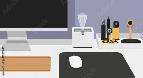 Modern workspace desk with computer monitor and creative drawing tools