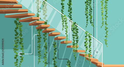 Modern staircase with wooden steps and hanging vines on teal wall