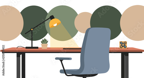 Modern workspace with desk lamp and chair against abstract circle wall