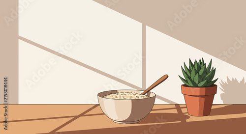 Oatmeal bowl with wooden spoon and potted succulent on sunny table