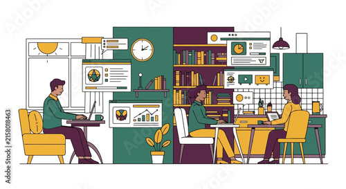 People working remotely on laptops in a modern shared home office space