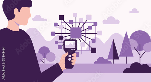 Person holding digital scanner analyzing network connection in nature