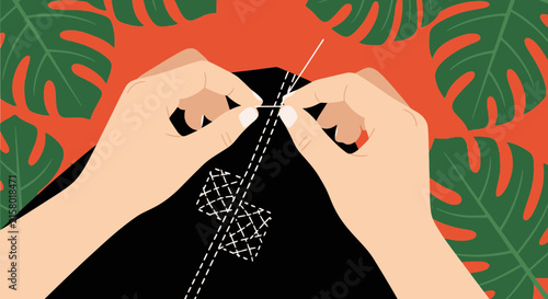 Person sewing black fabric with needle and white thread in top view