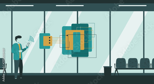 Person using mobile device for wireless data connectivity in public lobby