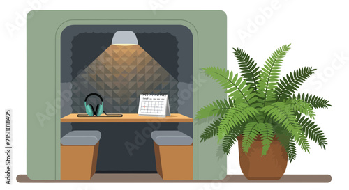 Private soundproof office pod with desk and headphones for remote work
