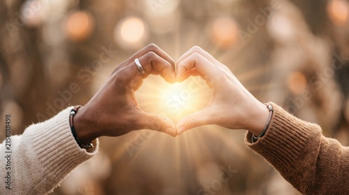 Diverse hands forming a heart shape framing the warm sunlight, symbolizing love, unity, connection, hope, and positive energy in a natural outdoor setting.