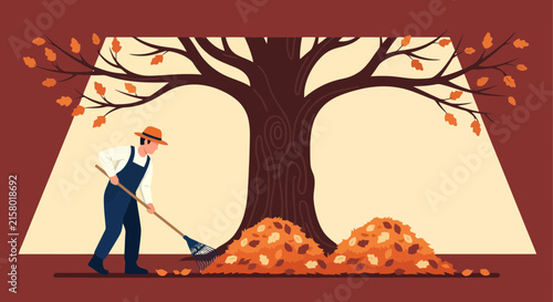 Autumn gardener raking fallen orange foliage under a large mature tree